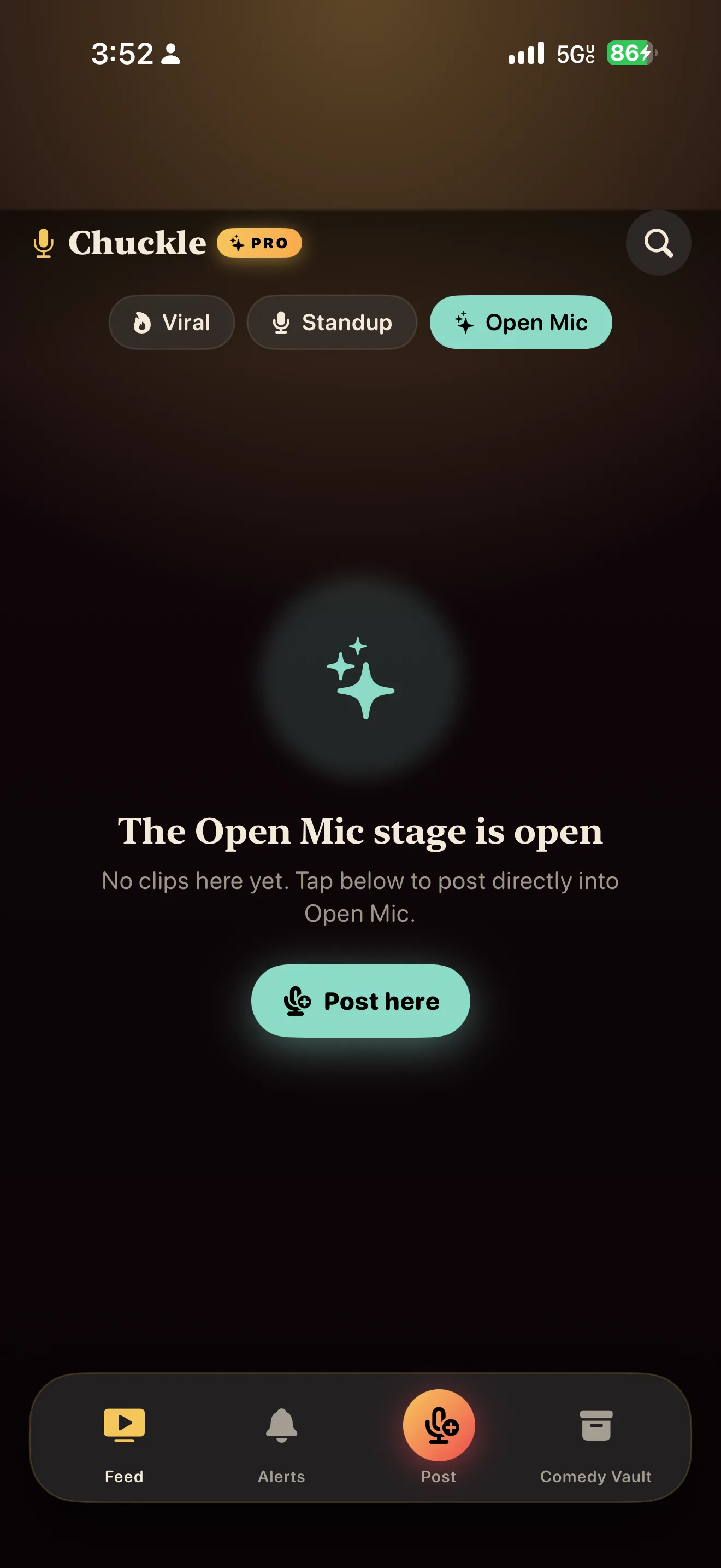 Chuckle Open Mic screen inviting comedians to post a clip